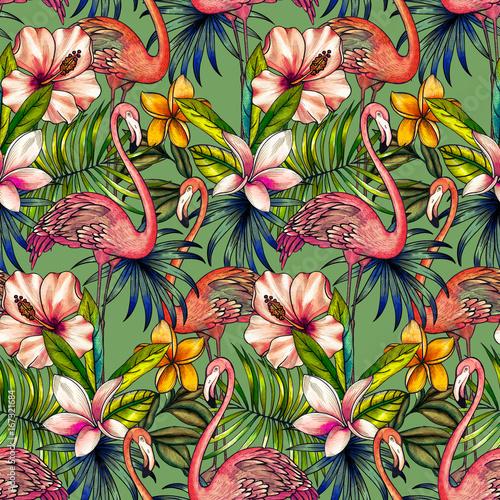 seamless pattern with tropical florals and flamingo