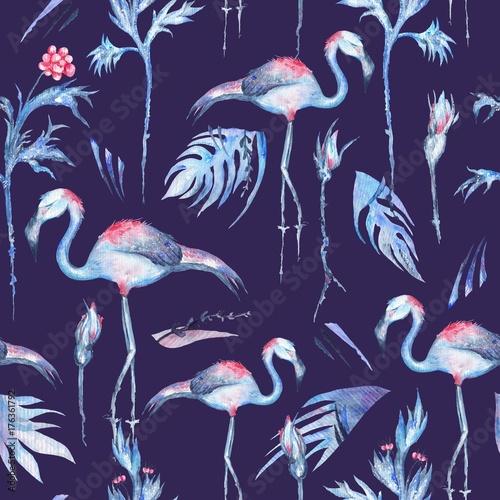 seamless pattern with tropical florals and flamingo