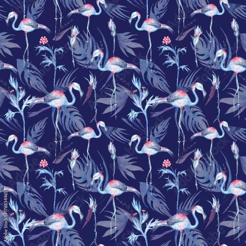 seamless pattern with tropical florals and flamingo