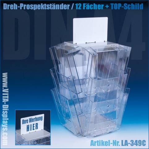 Prospektständer (drehbar) / 12 Fächer DIN A4 + TOP-Schild