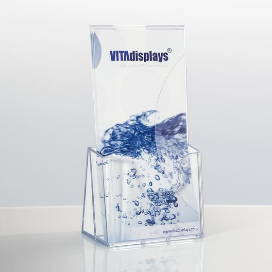 DIN lang Tischprospektständer von VITAdisplays® als transparenter Tisch-Prospekthalter und Flyerständer